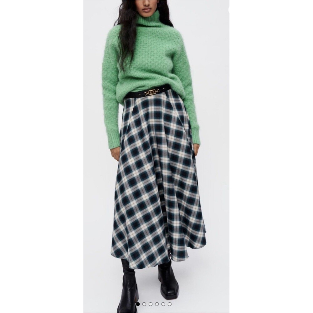 Maje Green White Checked Tartan Cotton Midi Skirt Women’s Size 36 Small NWT - Picture 1 of 8